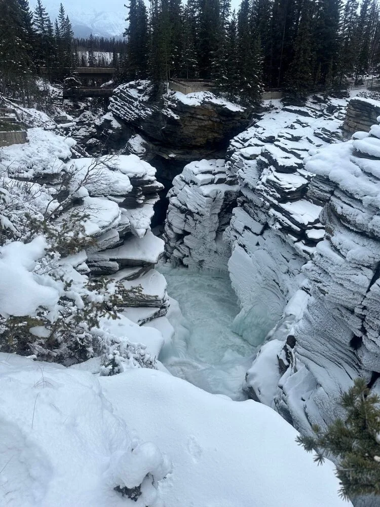 Athabasca Falls, een prachtig schouwspel van sneeuw, ijs en vallend water op de ikonische Icefields Parkway